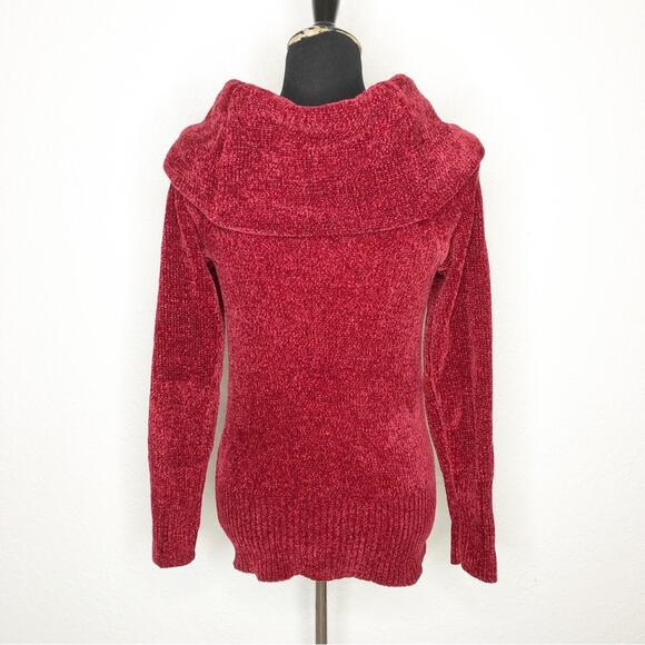 WHBM dark red velour chenille knit cowl neck off shoulder sweater Medium Petite - Picture 14 of 14